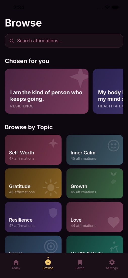 Browse screen with topics like Self-Worth, Inner Calm and Gratitude